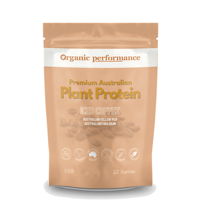 Iced Coffee Plant Protein Powder front of packaging